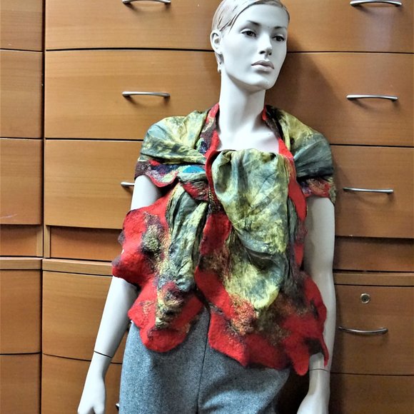 BATIK SILK FELTED WOOL TRIM HUGE SHAWL HANDMADE GIFT FOR WOMEN - Picture 6 of 16
